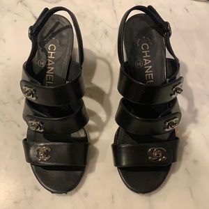 Chanel Turnlock Sandals Black with Silver Hardware Sz 37